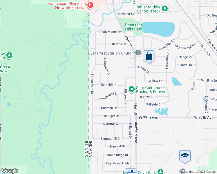 map of restaurants, bars, coffee shops, grocery stores, and more near 110 Schmidt Drive in Dyer