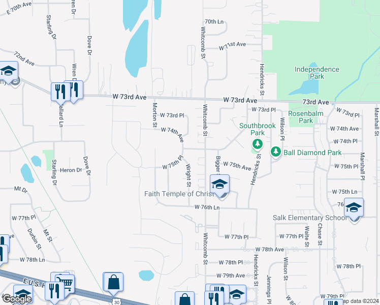 map of restaurants, bars, coffee shops, grocery stores, and more near 3973 West 75th Avenue in Merrillville