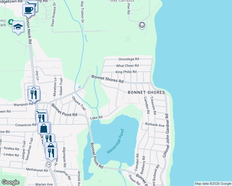 map of restaurants, bars, coffee shops, grocery stores, and more near 25 Maywood Road in Narragansett