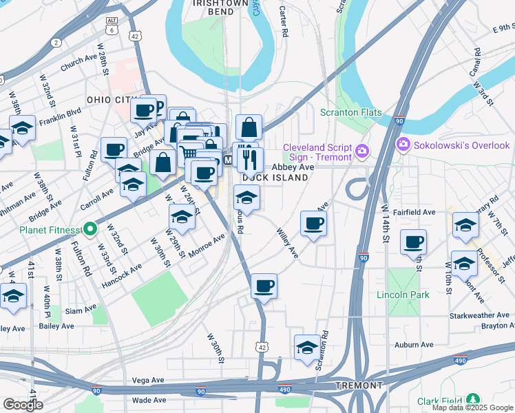 map of restaurants, bars, coffee shops, grocery stores, and more near 2254 West 20th Street in Cleveland