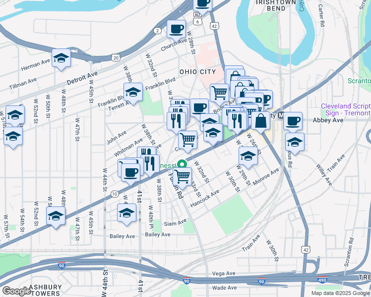 map of restaurants, bars, coffee shops, grocery stores, and more near 1946 West 32nd Street in Cleveland