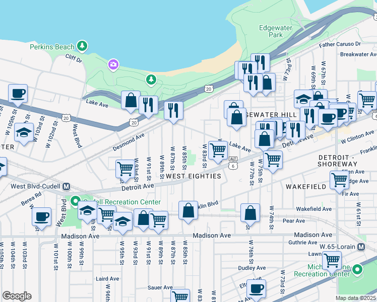 map of restaurants, bars, coffee shops, grocery stores, and more near 1325 West 85th Street in Cleveland