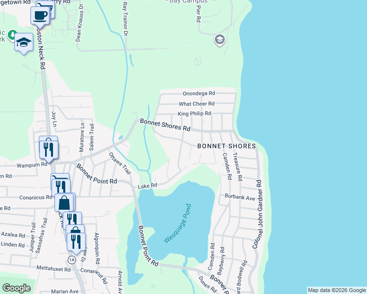 map of restaurants, bars, coffee shops, grocery stores, and more near 25 Maywood Road in Narragansett