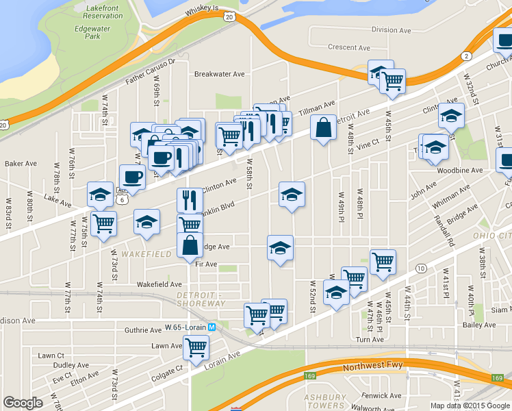 map of restaurants, bars, coffee shops, grocery stores, and more near 1803 West 58th Street in Cleveland