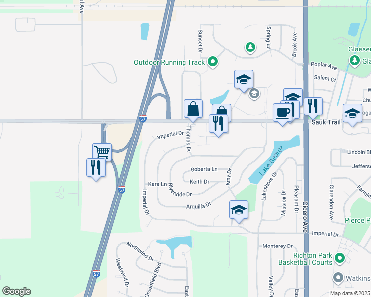 map of restaurants, bars, coffee shops, grocery stores, and more near 5225 Arquilla Drive in Richton Park