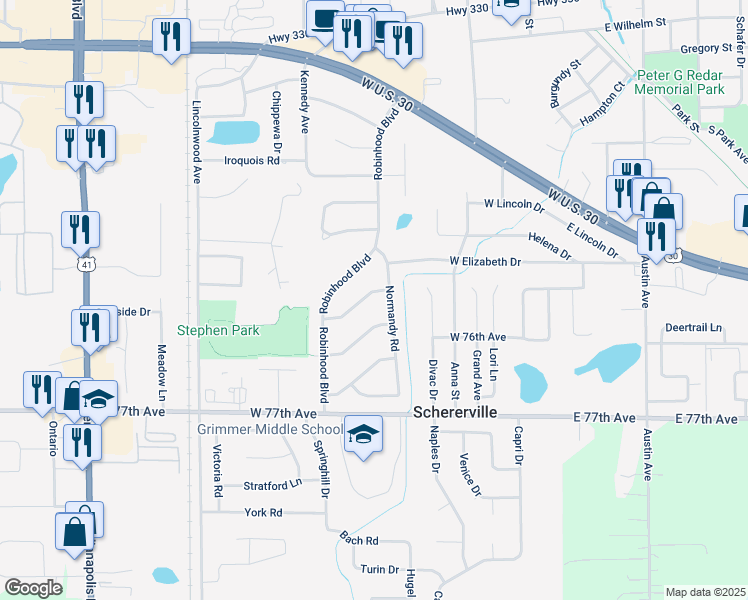 map of restaurants, bars, coffee shops, grocery stores, and more near 324 St Dunstan Dr in Schererville