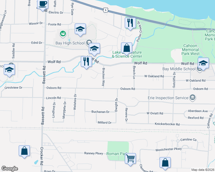 map of restaurants, bars, coffee shops, grocery stores, and more near 29008 Osborn Road in Bay Village