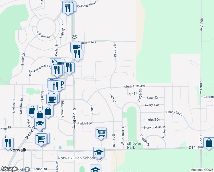 map of restaurants, bars, coffee shops, grocery stores, and more near 1721 Merle Huff Ave in Norwalk