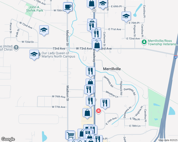 map of restaurants, bars, coffee shops, grocery stores, and more near 7440 Broadway in Merrillville