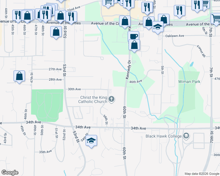 map of restaurants, bars, coffee shops, grocery stores, and more near 2926 56th Street Court in Moline