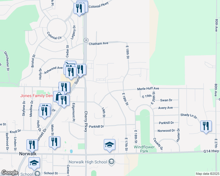 map of restaurants, bars, coffee shops, grocery stores, and more near 1510 East 17th Street in Norwalk