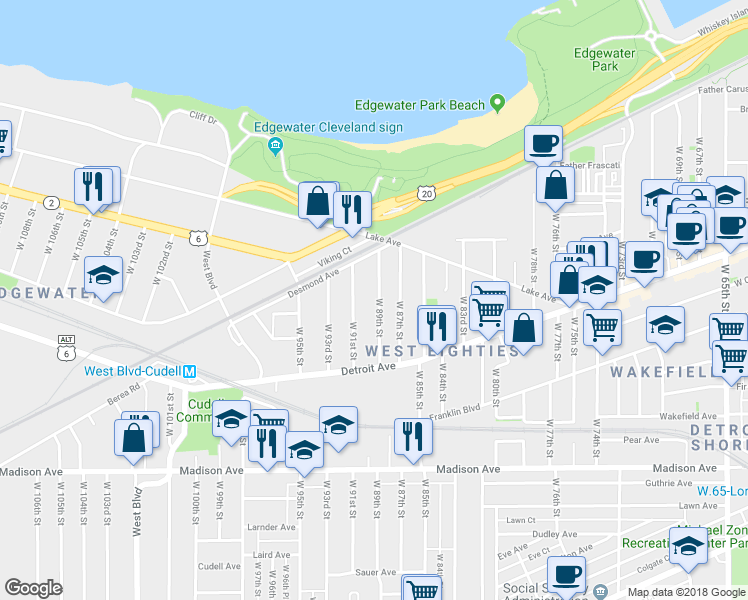 map of restaurants, bars, coffee shops, grocery stores, and more near 1318 West 89th Street in Cleveland