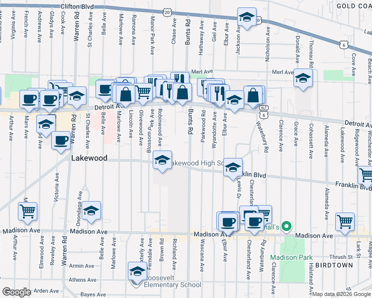 map of restaurants, bars, coffee shops, grocery stores, and more near 14101 Franklin Boulevard in Lakewood
