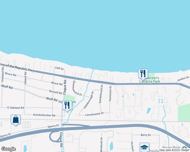 map of restaurants, bars, coffee shops, grocery stores, and more near 431 Darby's Run in Bay Village