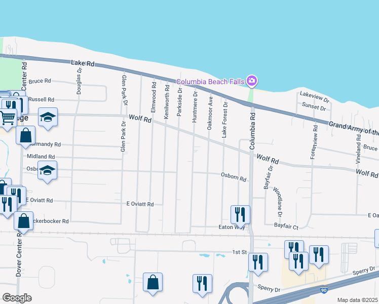 map of restaurants, bars, coffee shops, grocery stores, and more near 449 Huntmere Drive in Bay Village