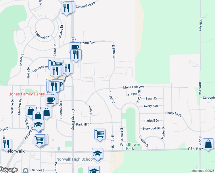 map of restaurants, bars, coffee shops, grocery stores, and more near 1725 Merle Huff Avenue in Norwalk