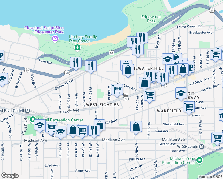 map of restaurants, bars, coffee shops, grocery stores, and more near 1343 West 83rd Street in Cleveland