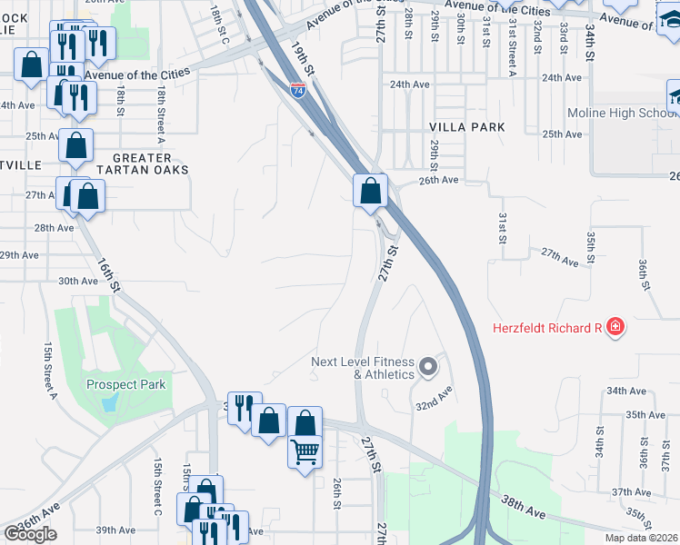 map of restaurants, bars, coffee shops, grocery stores, and more near 2907 26th St in Moline