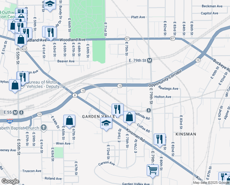 map of restaurants, bars, coffee shops, grocery stores, and more near 2806 East 73rd Street in Cleveland