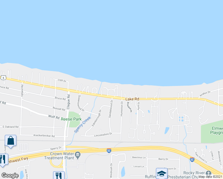 map of restaurants, bars, coffee shops, grocery stores, and more near 23002 Roberts Run in Bay Village