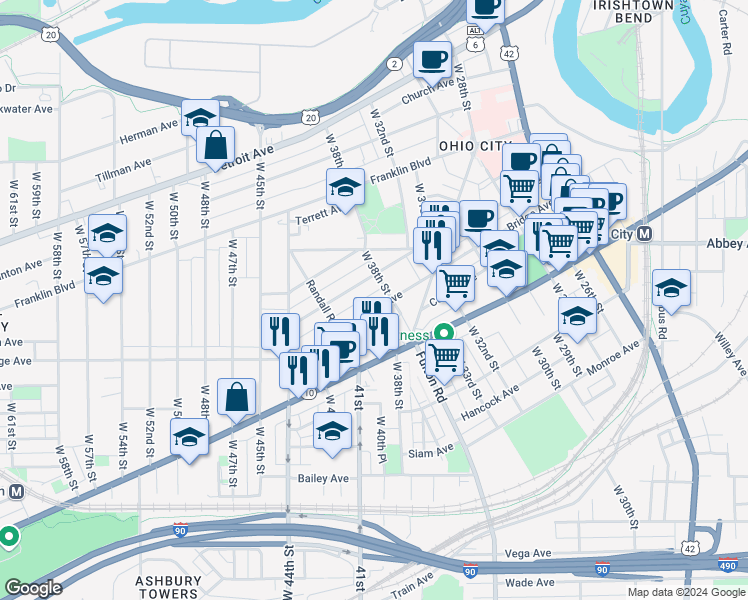 map of restaurants, bars, coffee shops, grocery stores, and more near 3814 Bridge Avenue in Cleveland