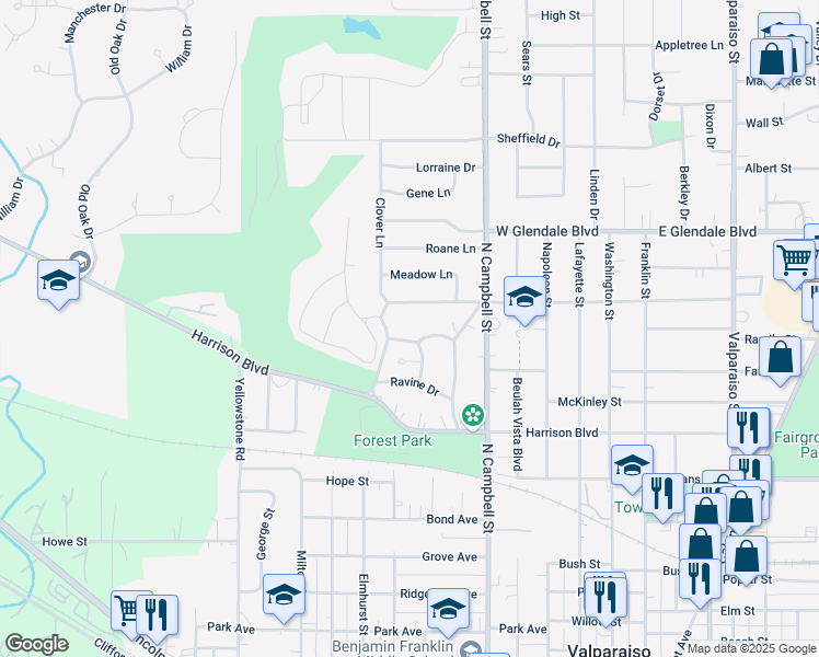 map of restaurants, bars, coffee shops, grocery stores, and more near 562 Woodlawn Drive in Valparaiso