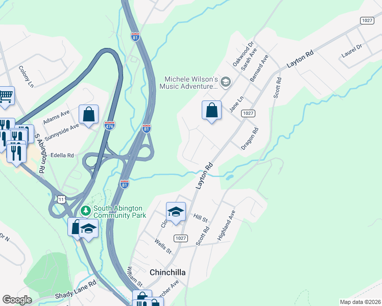 map of restaurants, bars, coffee shops, grocery stores, and more near 603 Pamela Drive in Lackawanna County