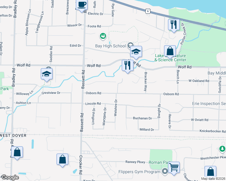 map of restaurants, bars, coffee shops, grocery stores, and more near 29600 Osborn Road in Bay Village