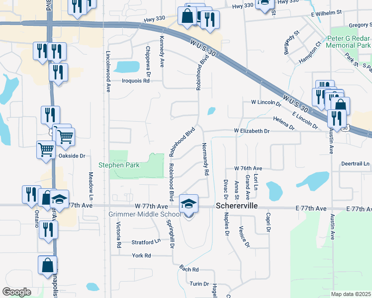 map of restaurants, bars, coffee shops, grocery stores, and more near 324 Saint Dunstan Drive in Schererville