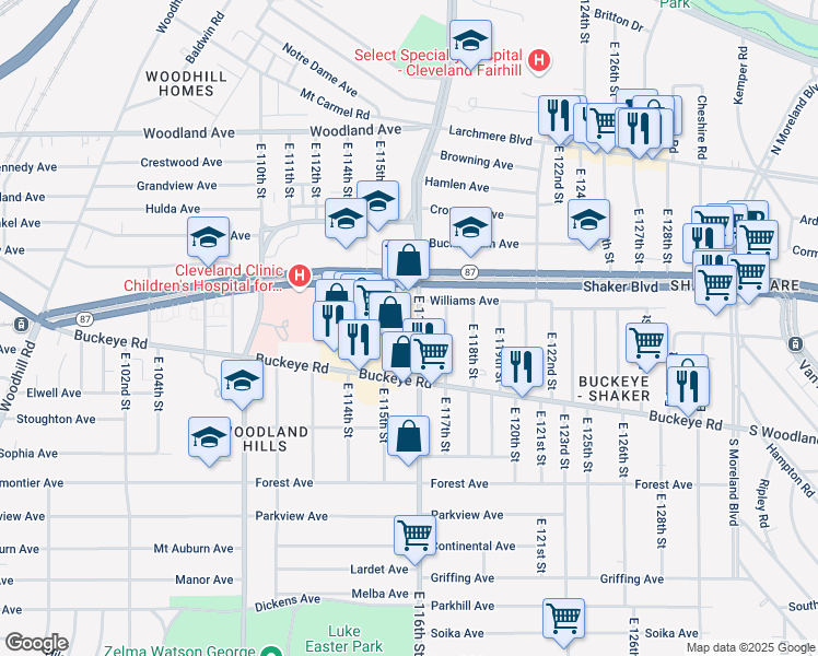 map of restaurants, bars, coffee shops, grocery stores, and more near 2816 East 116th Street in Cleveland
