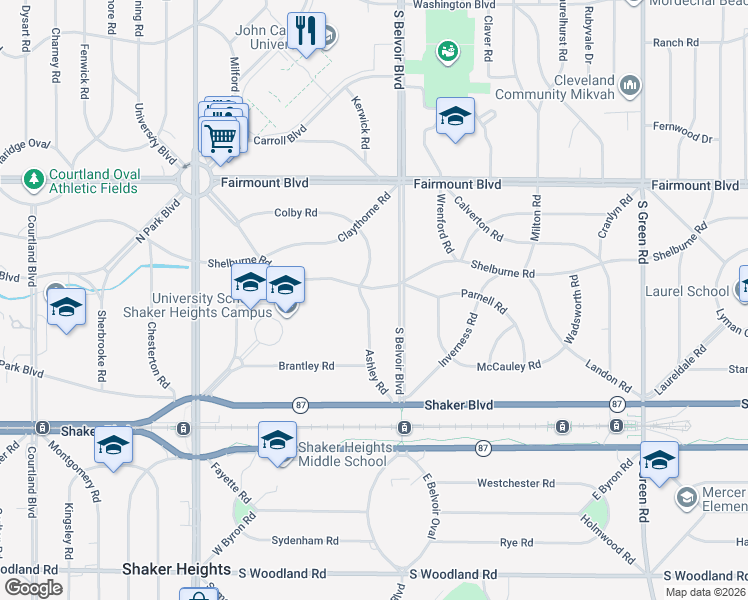 map of restaurants, bars, coffee shops, grocery stores, and more near 21550 Shelburne Road in Shaker Heights