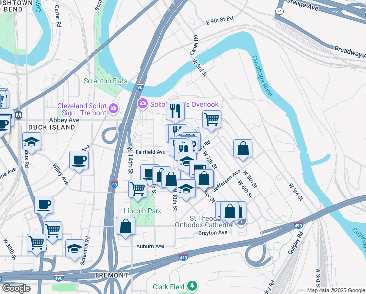 map of restaurants, bars, coffee shops, grocery stores, and more near 2176 Thurman Avenue in Cleveland