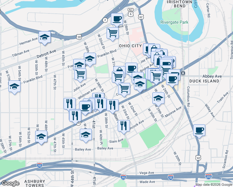map of restaurants, bars, coffee shops, grocery stores, and more near 1900 Library Park in Cleveland