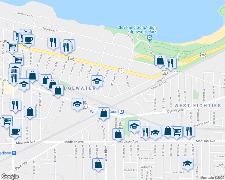 map of restaurants, bars, coffee shops, grocery stores, and more near 1329 West 102nd Street in Cleveland