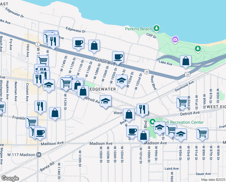 map of restaurants, bars, coffee shops, grocery stores, and more near 1340 West 104th Street in Cleveland