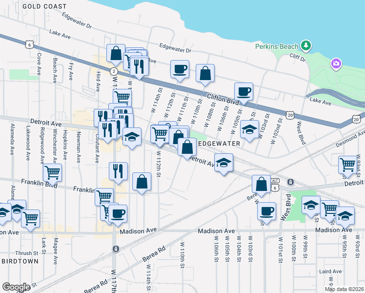 map of restaurants, bars, coffee shops, grocery stores, and more near in Cleveland