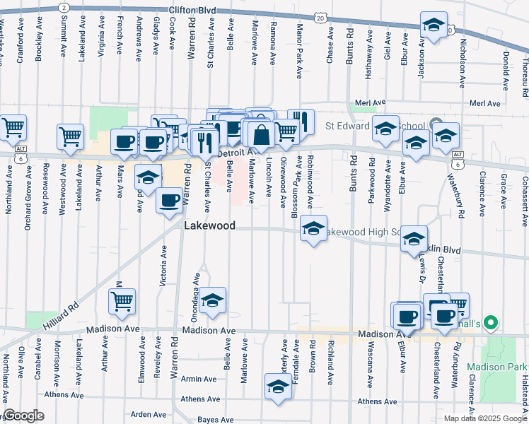 map of restaurants, bars, coffee shops, grocery stores, and more near 1507 Lincoln Avenue in Lakewood