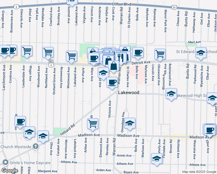 map of restaurants, bars, coffee shops, grocery stores, and more near 1494 Victoria Avenue in Lakewood