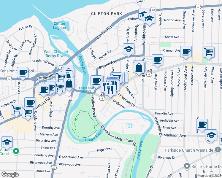 map of restaurants, bars, coffee shops, grocery stores, and more near 1367 Mathews Avenue in Lakewood