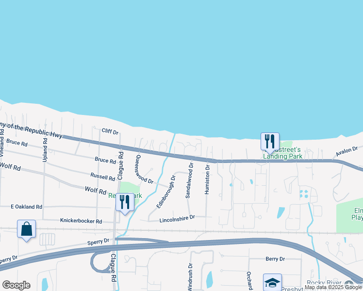 map of restaurants, bars, coffee shops, grocery stores, and more near 23132 Roberts Run in Bay Village
