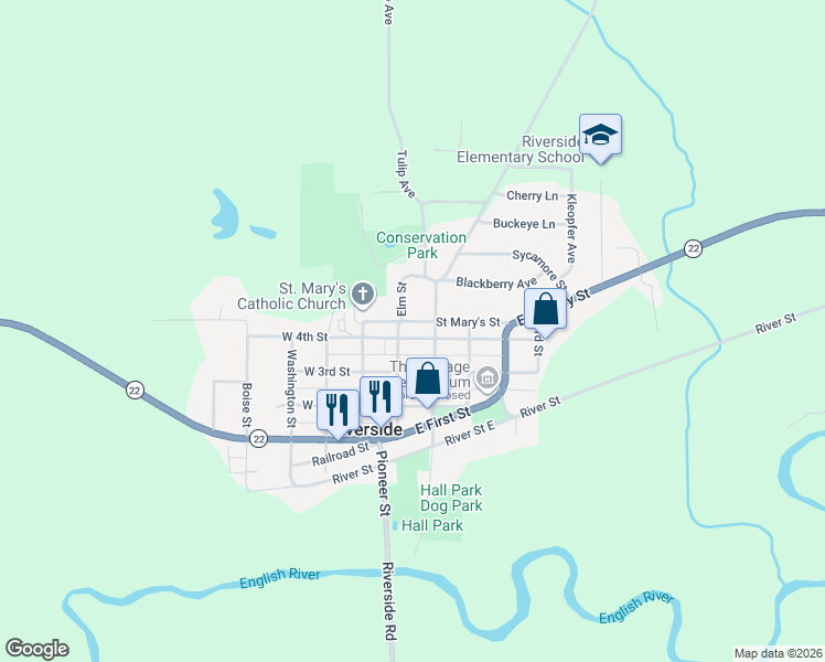 map of restaurants, bars, coffee shops, grocery stores, and more near 141 East 4th Street in Riverside
