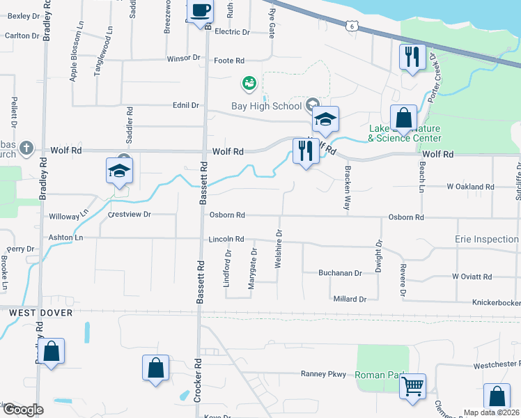 map of restaurants, bars, coffee shops, grocery stores, and more near 29600 Osborn Road in Bay Village