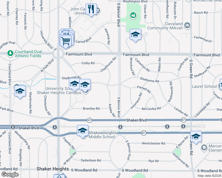 map of restaurants, bars, coffee shops, grocery stores, and more near 21550 Shelburne Road in Shaker Heights