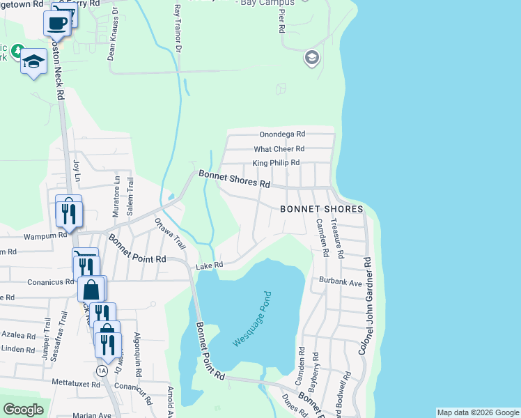 map of restaurants, bars, coffee shops, grocery stores, and more near 25 Maywood Road in Narragansett