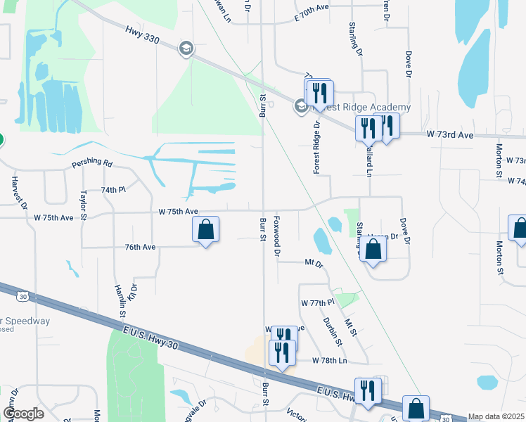 map of restaurants, bars, coffee shops, grocery stores, and more near 7500 Burr Street in Schererville
