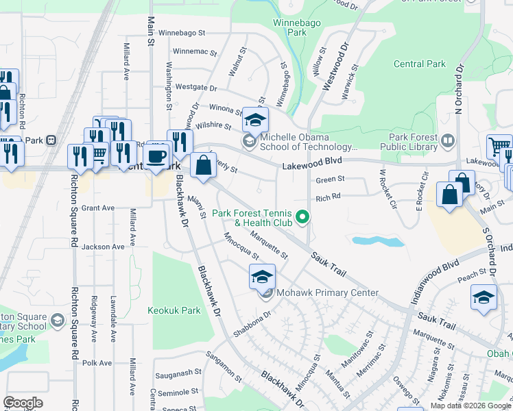map of restaurants, bars, coffee shops, grocery stores, and more near 338 Sauk Trail in Park Forest
