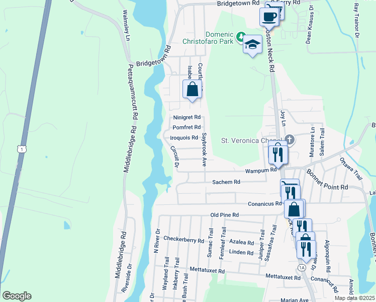map of restaurants, bars, coffee shops, grocery stores, and more near 110 Mount View Road in Narragansett