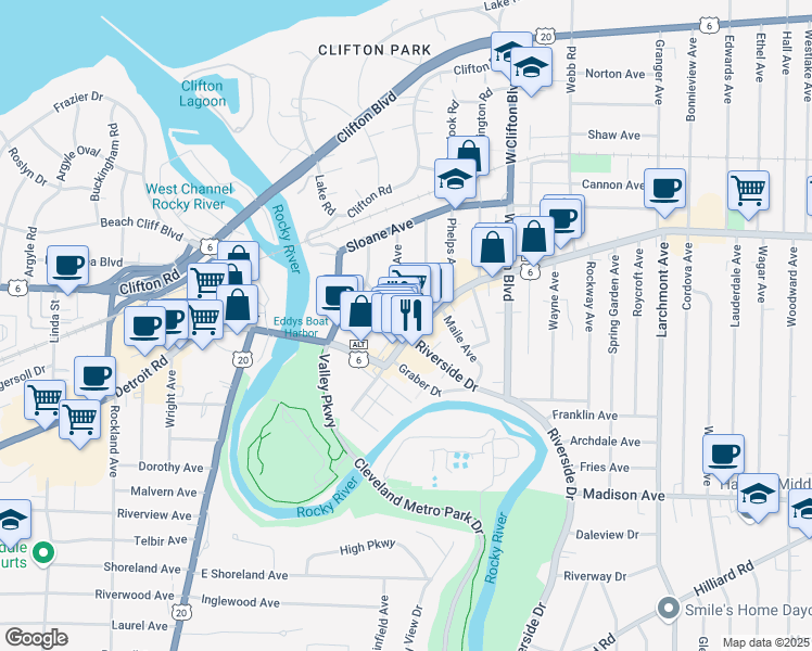 map of restaurants, bars, coffee shops, grocery stores, and more near 18428 Detroit Avenue in Lakewood