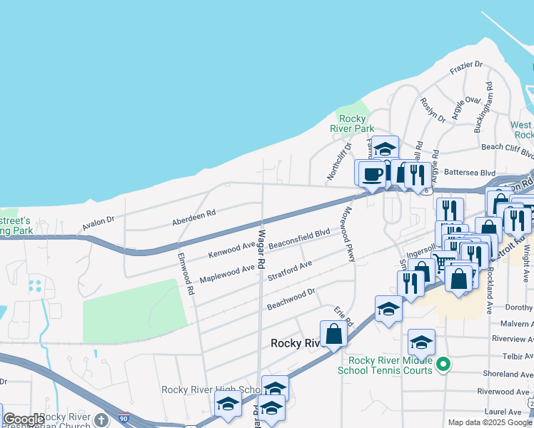map of restaurants, bars, coffee shops, grocery stores, and more near 471 Wagar Road in Rocky River