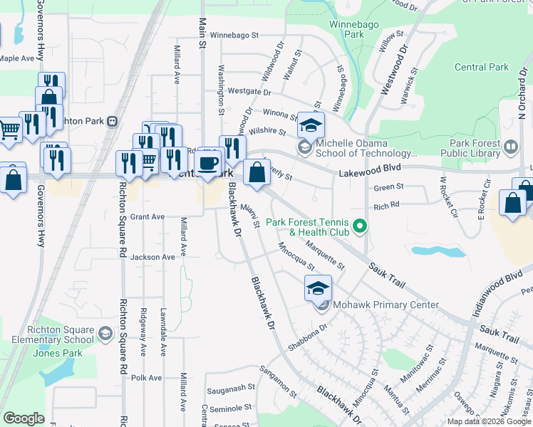 map of restaurants, bars, coffee shops, grocery stores, and more near 354 Minocqua Street in Park Forest